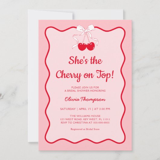 赤とピンクのさくらんぼオンブライダルシャワー 招待状 (正面)