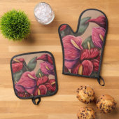 赤とピンクのアンチューリウムオーブンのミットセット 鍋つかみ&鍋敷きセット (トップダウン)