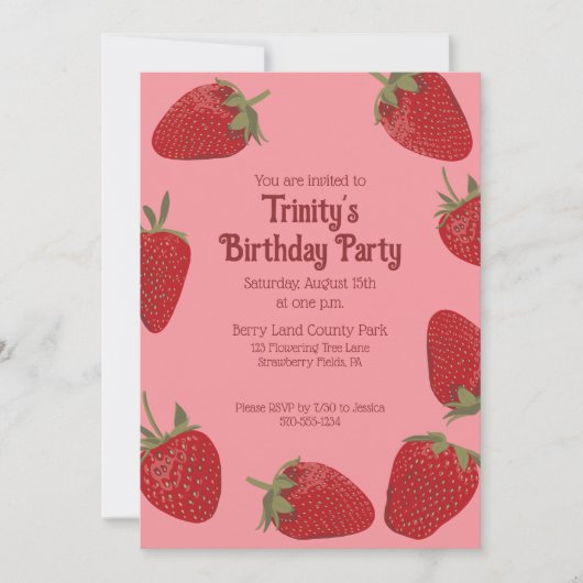 赤とピンクのイチゴカスタムパーティー 招待状 (正面)