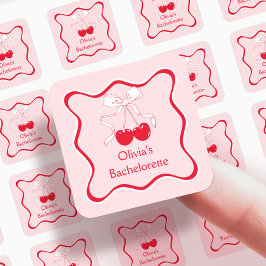 赤とピンクのウェーブボウ チェリーオントップ お祝いシール スクエアシール