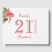 赤とピンクのエキゾチックな花と白のダマスク ゲストブック (正面)