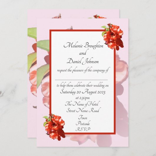 赤とピンクのカインズフラワー結婚式招待状 (正面/裏面)
