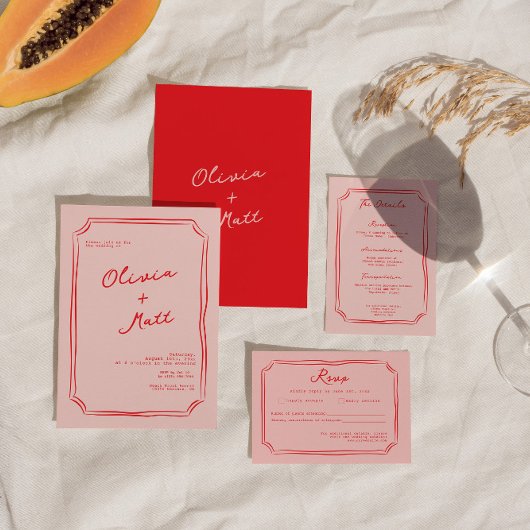 赤とピンクのカラフルな結婚式招待状 招待状