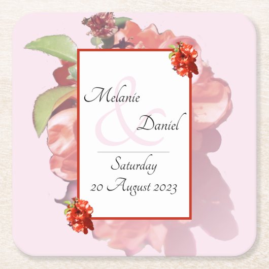 赤とピンクのカリンの花結婚咲き スクエアペーパーコースター (正面)
