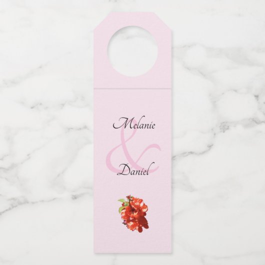 赤とピンクのカリンの花結婚咲き ボトルネックタグ (正面)