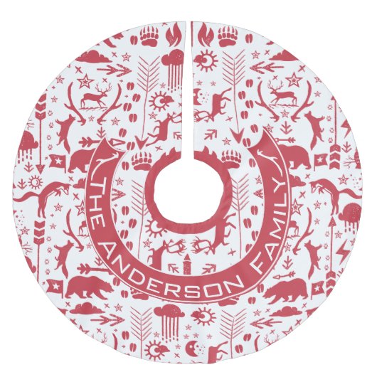 赤とピンクのクリスマスファミリー名トナカイ矢印 ブラッシュドポリエステルツリースカート (正面)