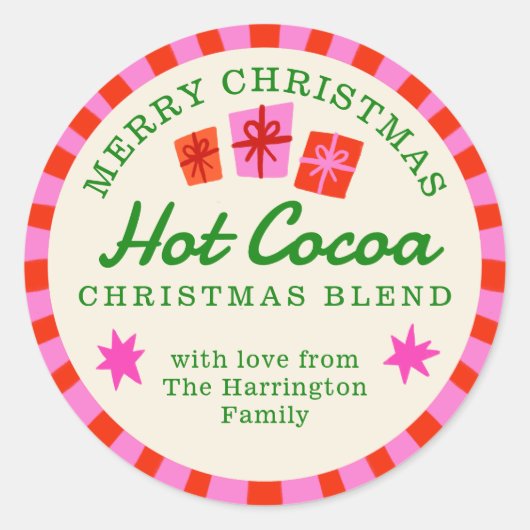 赤とピンクのクリスマスホットココアdiyギフトステッカー ラウンドシール (正面)
