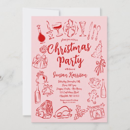 赤とピンクのクリスマス招待状ドードル 招待状 (正面)