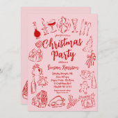 赤とピンクのクリスマス招待状ドードル 招待状 (正面/裏面)