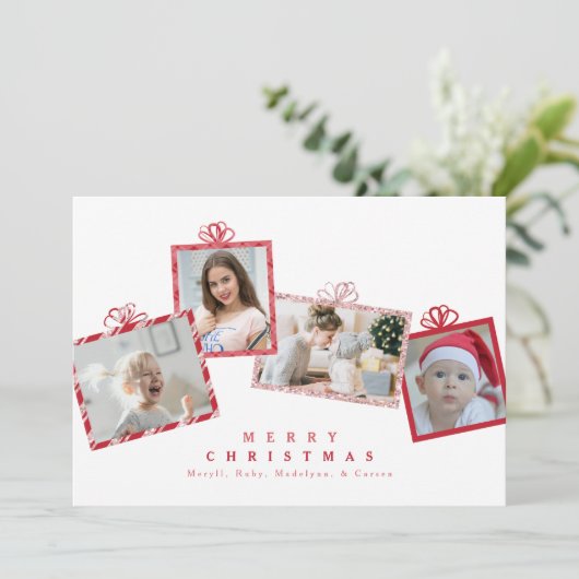 赤とピンクのグリッター写真ギフトボックスクリスマス シーズンカード (スタンド正面)