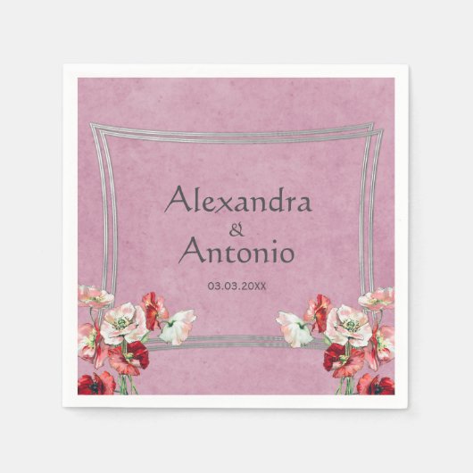 赤とピンクのケシ スタンダードカクテルナプキン (正面)