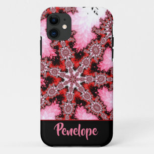 赤とピンクのスターバストフラクタル抽象芸術(名前あり) iPhone 11 ケース
