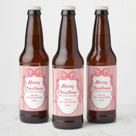 赤とピンクのストライプとリボンのフレーム クリスマス ビールラベル