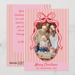 赤とピンクのストライプとリボンフレームのクリスマス写真 シーズンカード