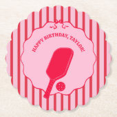 赤とピンクのストライプのピックルボール 誕生日パーティー ペーパーコースター (正面)
