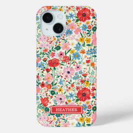 赤とピンクのダイジー柄モノグラム iPhone 15ケース
