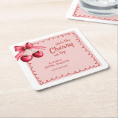 赤とピンクのチェリーオントップ チェリーブライダルシャワー スクエアペーパーコースター (アングル)