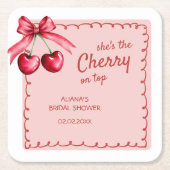 赤とピンクのチェリーオントップ チェリーブライダルシャワー スクエアペーパーコースター (正面)