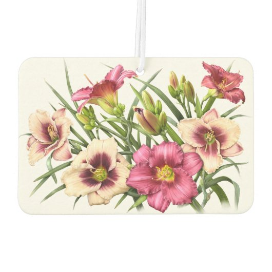 赤とピンクのデイリリー花の植物芸術デザイン カーエアーフレッシュナー (裏面)