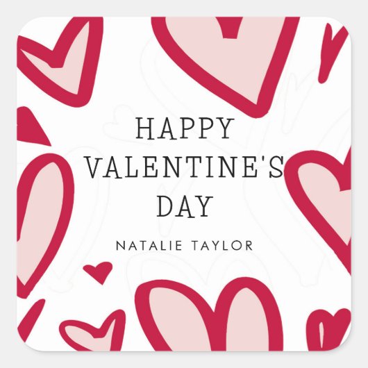 赤とピンクのハートかわいいバレンタインデー スクエアシール (正面)