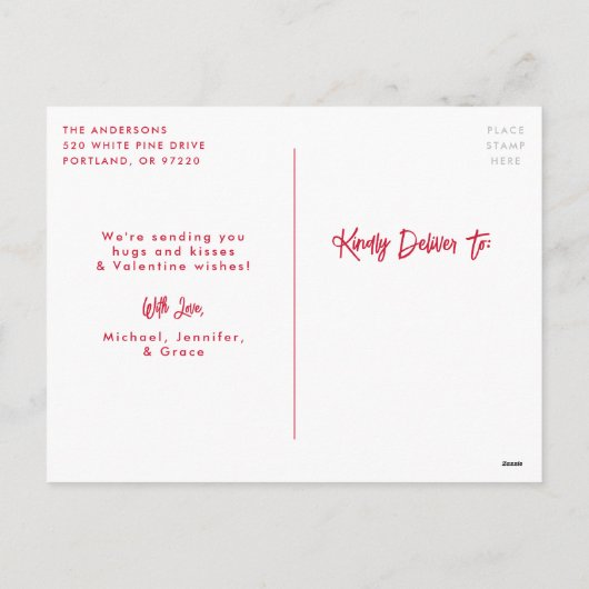 赤とピンクのハートスタンプ写真バレンタインデー シーズンポストカード (裏面)