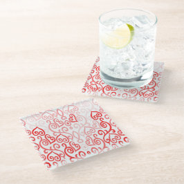 赤とピンクのハートパターン ガラスコースター