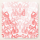 赤とピンクのハートパターン スクエアペーパーコースター (正面)