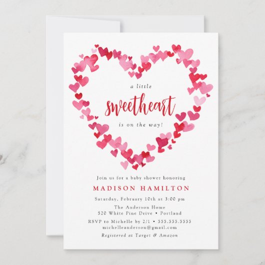 赤とピンクのハートリトルスウィートベビーシャワー 招待状 (正面)
