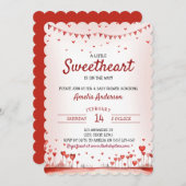 赤とピンクのハートリトルスウィートベビーシャワー 招待状 (正面/裏面)