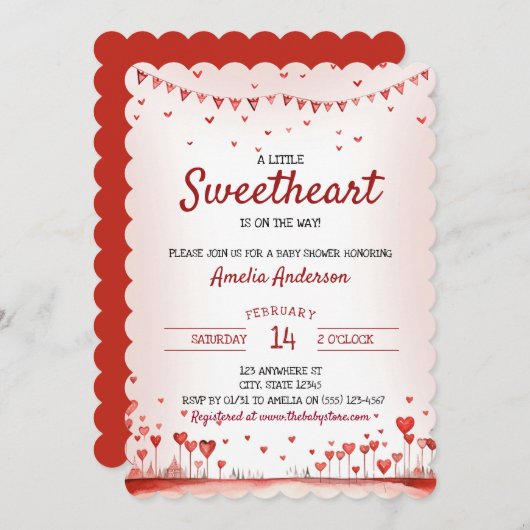赤とピンクのハートリトルスウィートベビーシャワー 招待状 (正面/裏面)