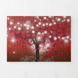 赤とピンクのハートリーフの木の黒結婚色 三つ折り招待状