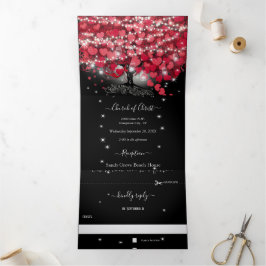 赤とピンクのハートリーフの木の黒結婚色 三つ折り招待状