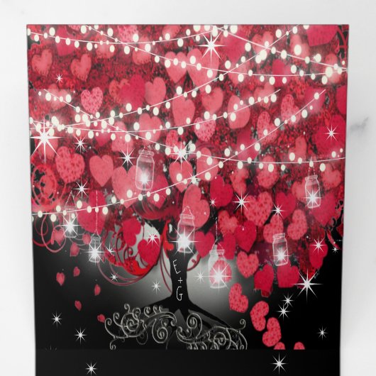 赤とピンクのハートリーフの木の黒結婚色 三つ折り招待状 (内部最初)