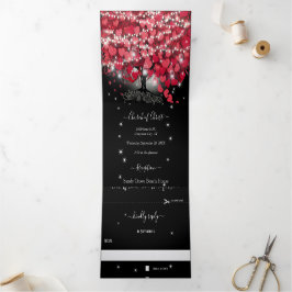 赤とピンクのハートリーフの木の黒結婚色 三つ折り招待状