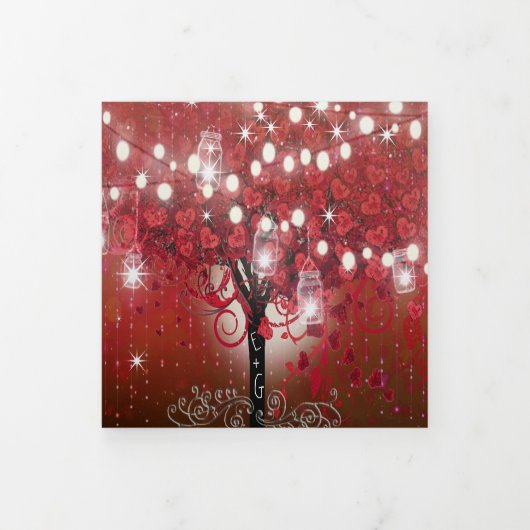 赤とピンクのハートリーフの木の黒結婚色 三つ折り招待状 (カバー)