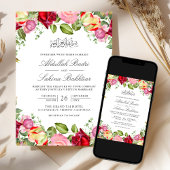 赤とピンクのバラの花束を飾ったムスリムのウェディング 招待状