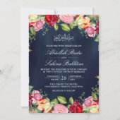 赤とピンクのバラの花束 ネイビーブルーのムスリムウェディング 招待状 (正面)