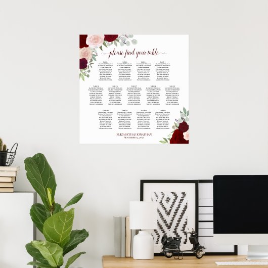 赤とピンクのバラの13テーブル結婚のシーティングチャート ポスター (ホームオフィス)