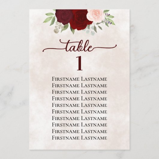 赤とピンクのバラ結婚の座席表の番号 カード (裏面)