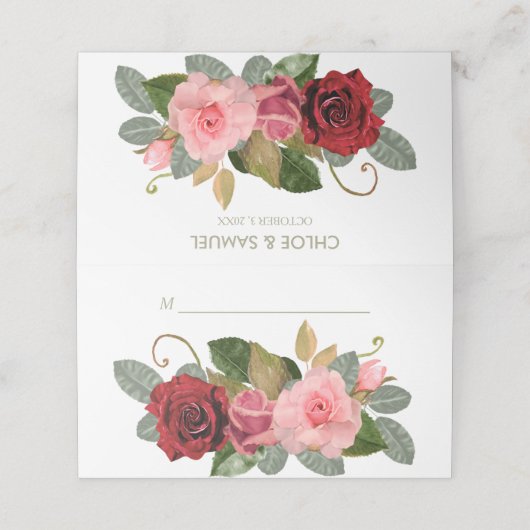 赤とピンクのバラ結婚の花束 プレイスカード (外部開封)