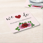 赤とピンクのバラ結婚ズ スクエアペーパーコースター (アングル)
