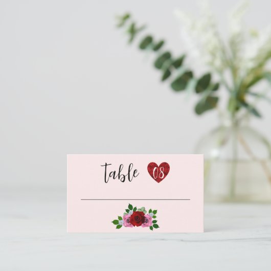 赤とピンクのバラ結婚ズ プレイスカード (スタンド正面)