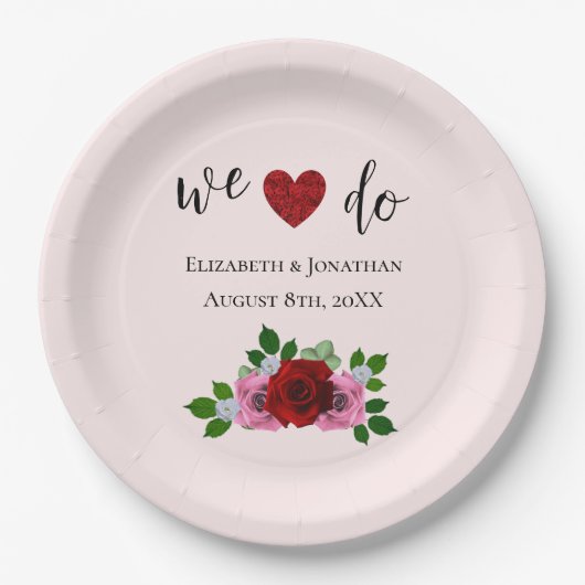 赤とピンクのバラ結婚ズ ペーパープレート (正面)
