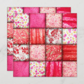 赤とピンクのパッチフェイクワークキルティングパターン 招待状 (正面/裏面)