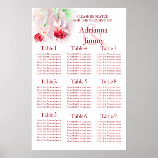 赤とピンクのフクシアの結婚式 座席表 1-9 ポスター (正面)
