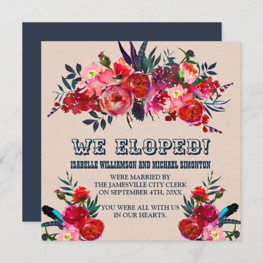 赤とピンクのフローラの駆け落ち発表 案内状 (正面/裏面)