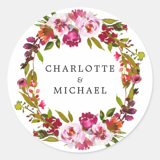 赤とピンクのフローラ婚約パーティ封筒用シール ラウンドシール (正面)