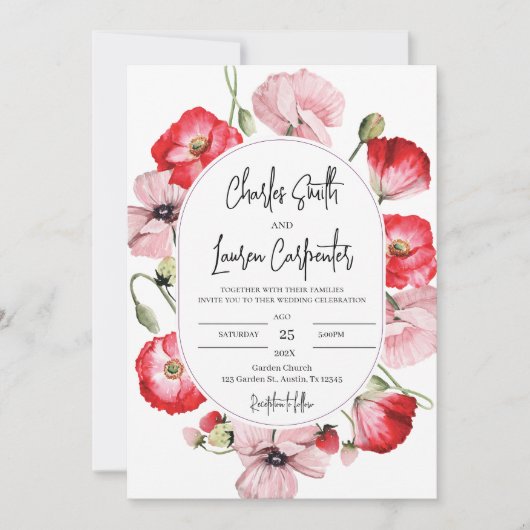 赤とピンクのフローラ結婚の 招待状 (正面)