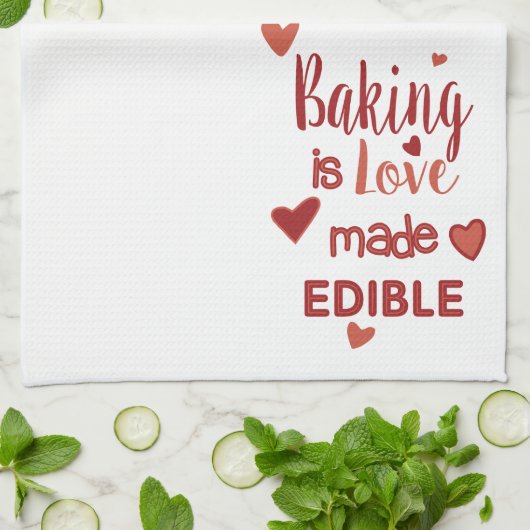 赤とピンクのベーキングがハートで食べられる キッチンタオル (折り畳み)