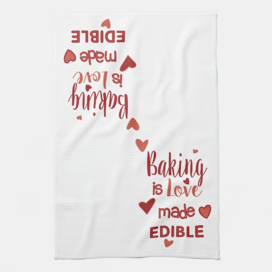 赤とピンクのベーキングがハートで食べられる  キッチンタオル (縦)